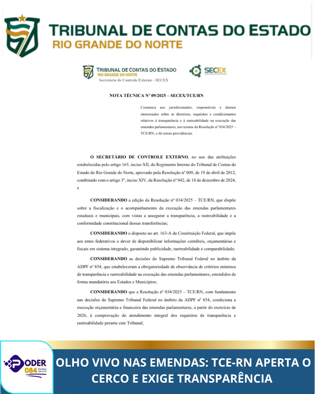 OLHO VIVO NAS EMENDAS: TCE-RN APERTA O CERCO E EXIGE TRANSPARÊNCIA TOTAL PARA LIBERAR DINHEIRO EM 2026