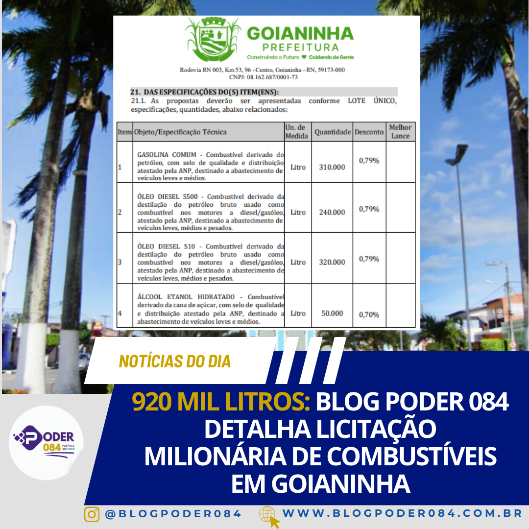 920 MIL LITROS: BLOG PODER 084 DETALHA LICITAÇÃO MILIONÁRIA DE COMBUSTÍVEIS EM GOIANINHA