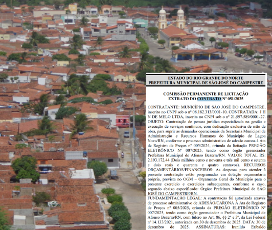 R$ 2,1 MILHÕES E UM ERRO GROSSEIRO: CAMPESTRE ASSINA CONTRATO MILIONÁRIO QUE CITA SERVIÇO PARA LAGOA NOVA