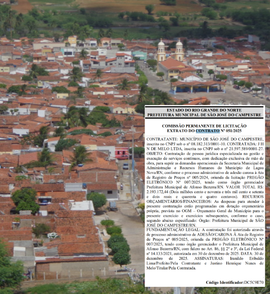 R$ 2,1 MILHÕES E UM ERRO GROSSEIRO: CAMPESTRE ASSINA CONTRATO MILIONÁRIO QUE CITA SERVIÇO PARA LAGOA NOVA