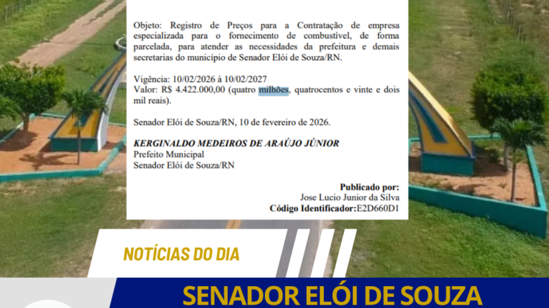 SENADOR ELÓI DE SOUZA REGISTRA R$ 4,4 MILHÕES PARA COMPRA DE 700.000 LITROS DE COMBUSTÍVEIS